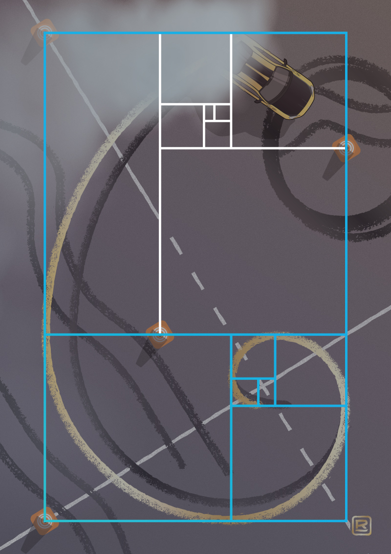 Two golden ratio grids overlayed on top of artwork, showing placement of details.